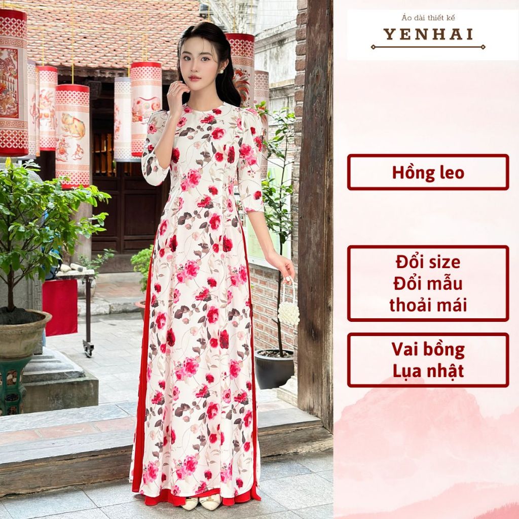 Áo dài truyền thống in hoa hồng leo thiết kế vai bồng chất lụa nhật - D2044