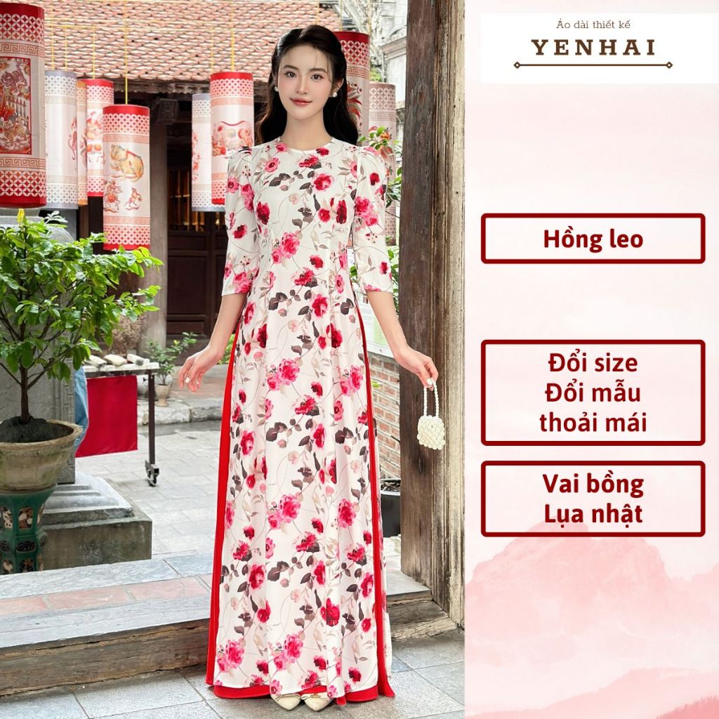 Áo dài truyền thống in hoa hồng leo thiết kế vai bồng chất lụa nhật - D2044