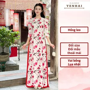 Áo dài truyền thống in hoa hồng leo thiết kế vai bồng chất lụa nhật - D2044