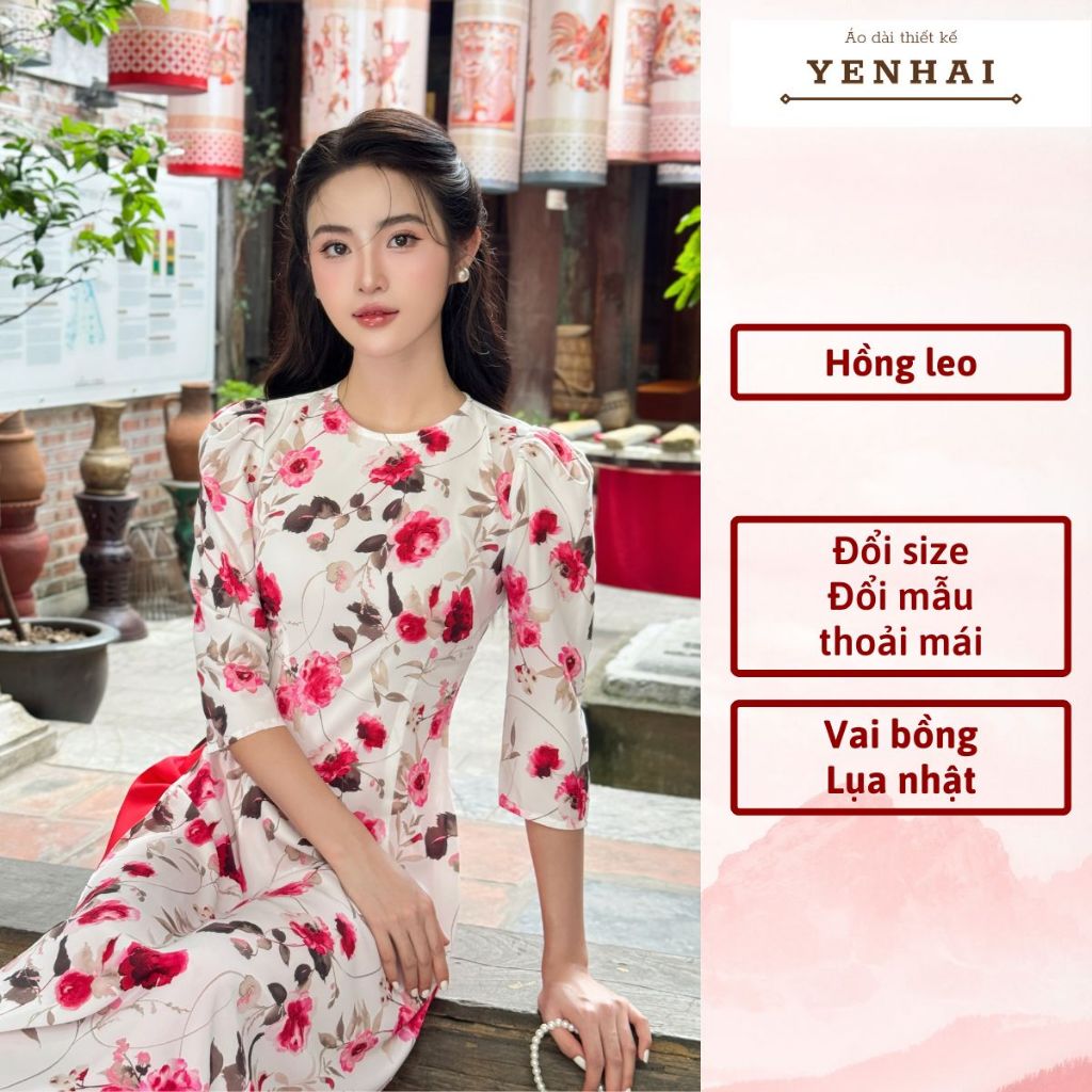 Áo dài truyền thống in hoa hồng leo thiết kế vai bồng chất lụa nhật - D2044