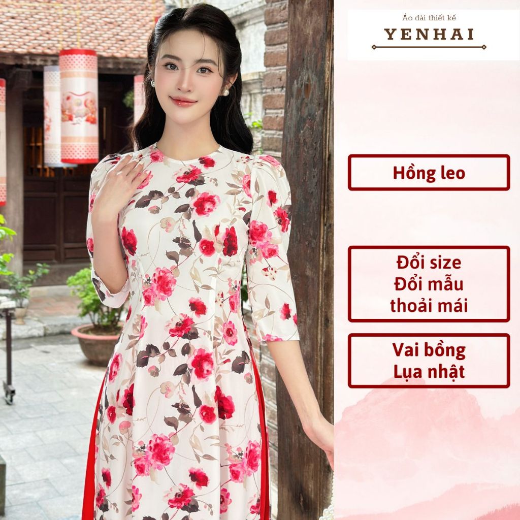 Áo dài truyền thống in hoa hồng leo thiết kế vai bồng chất lụa nhật - D2044
