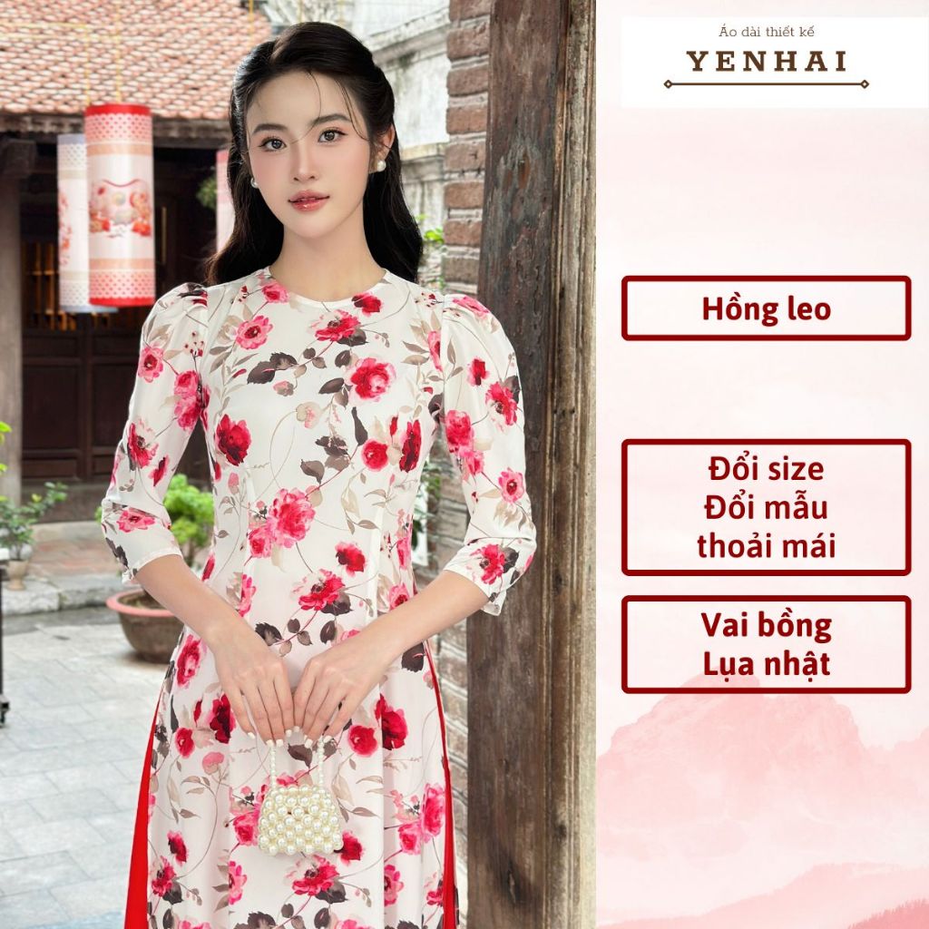 Áo dài truyền thống in hoa hồng leo thiết kế vai bồng chất lụa nhật - D2044