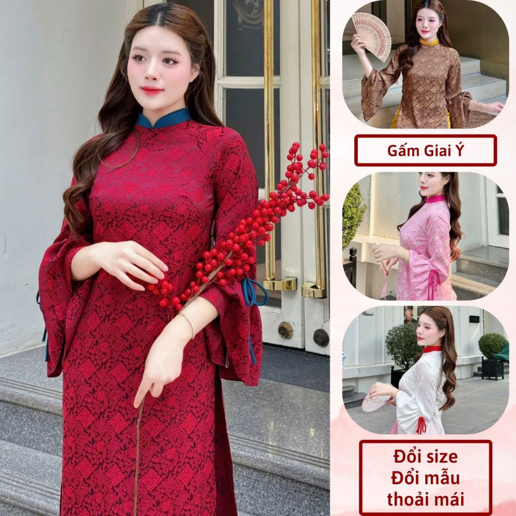 Áo dài cách tân giai ý thiết kế tay loe đính nơ trẻ trung mặc lễ tết đẹp