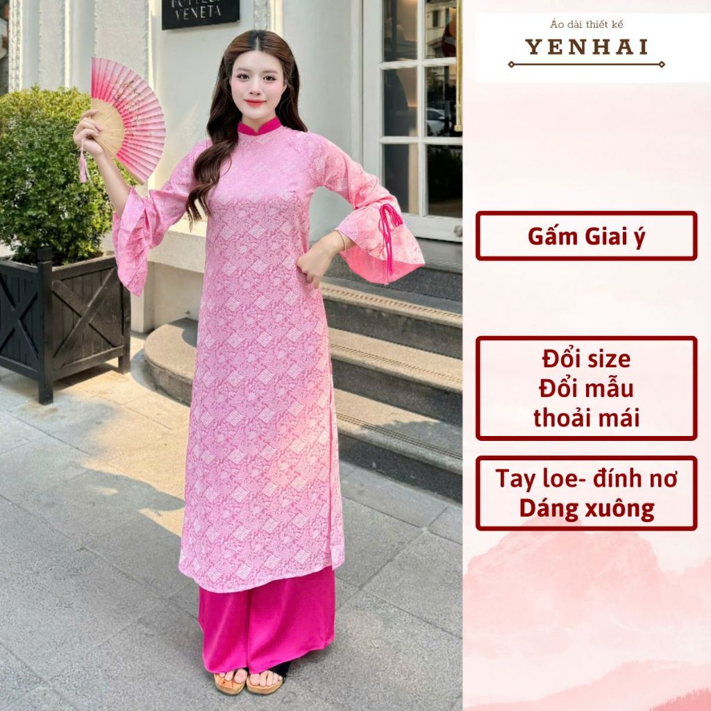 Áo dài cách tân giai ý thiết kế tay loe đính nơ trẻ trung mặc lễ tết đẹp