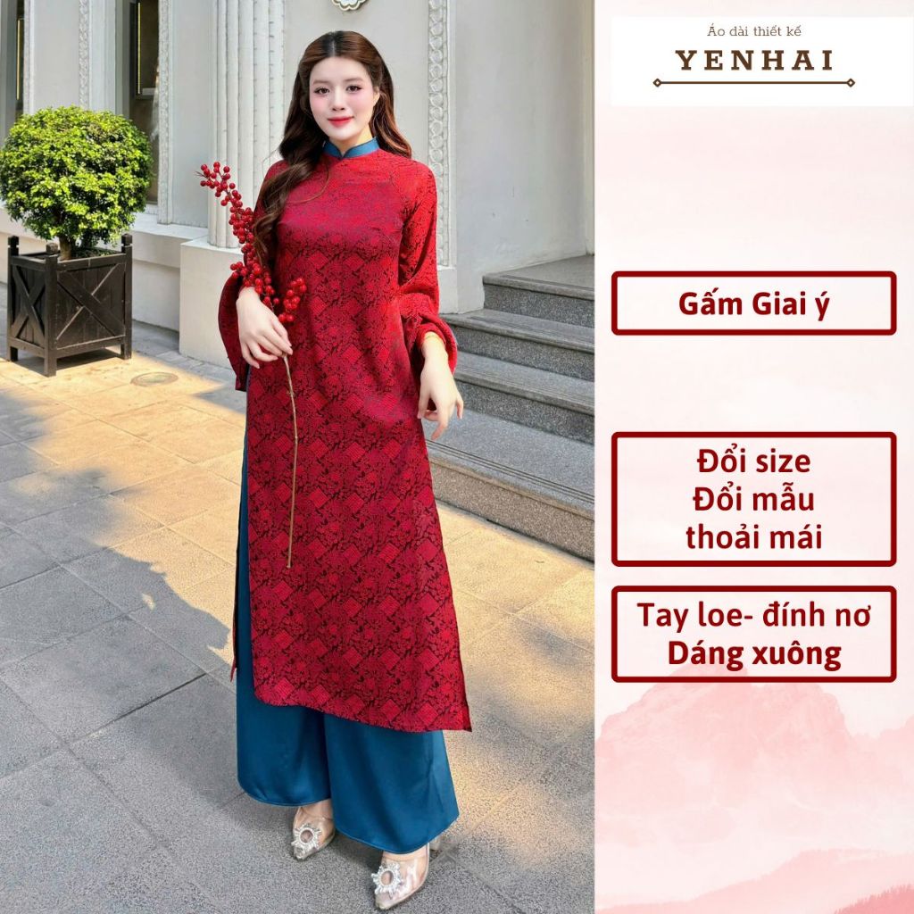 Áo dài cách tân giai ý thiết kế tay loe đính nơ trẻ trung mặc lễ tết đẹp