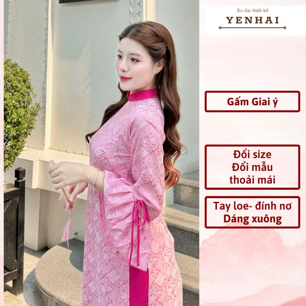 Áo dài cách tân giai ý thiết kế tay loe đính nơ trẻ trung mặc lễ tết đẹp