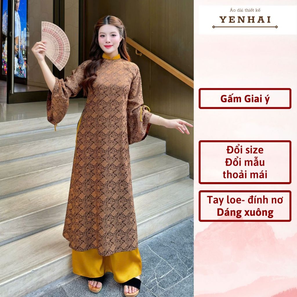 Áo dài cách tân giai ý thiết kế tay loe đính nơ trẻ trung mặc lễ tết đẹp