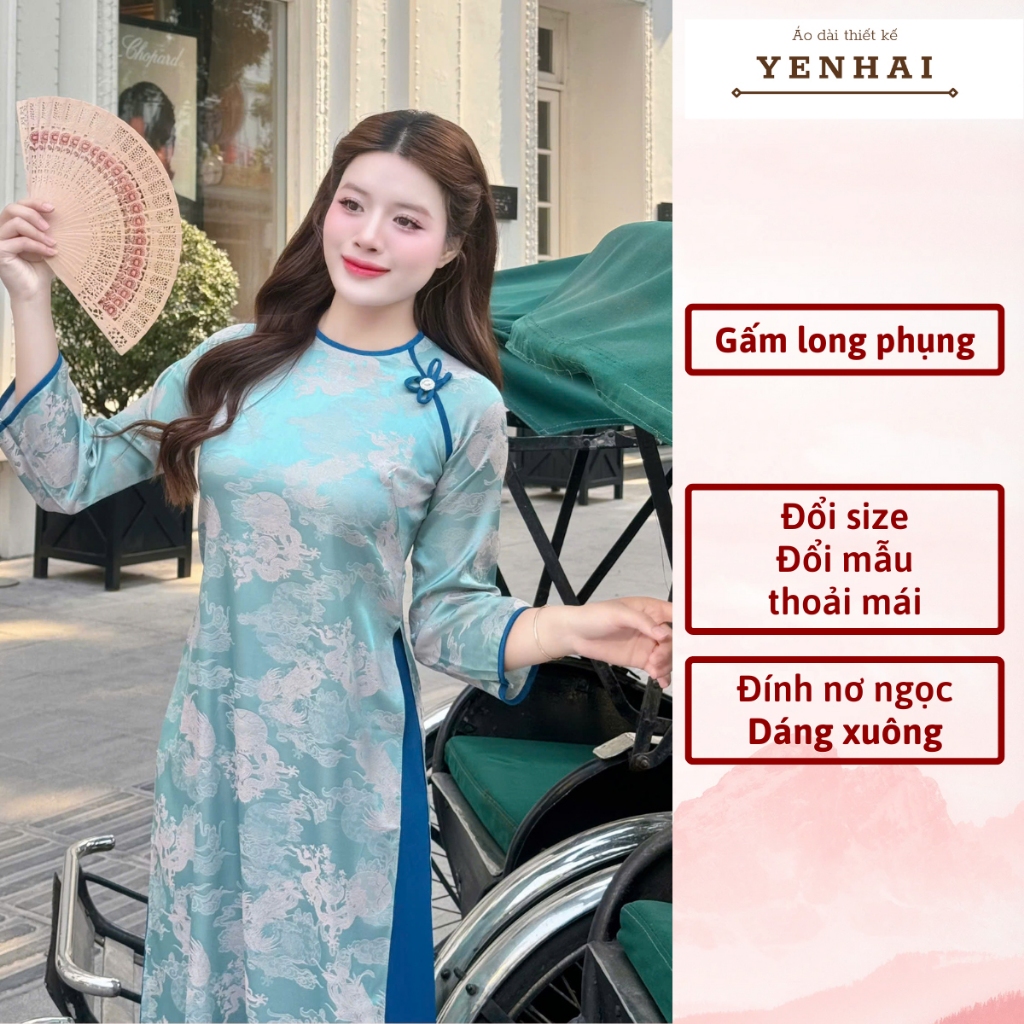 Áo dài cách tân long phụng thiết kế đính nơ ngọc mặc lễ tết đẹp