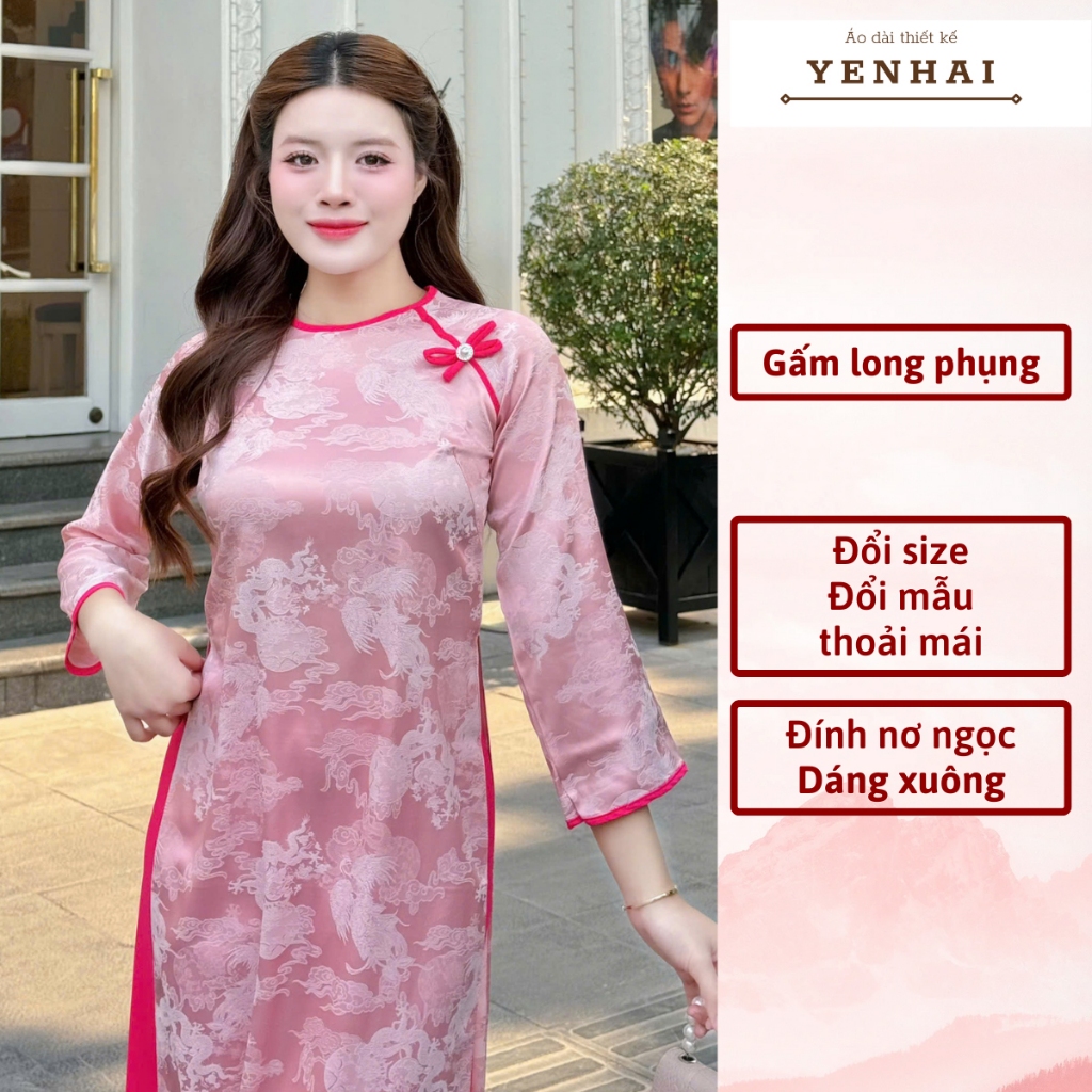 Áo dài cách tân long phụng thiết kế đính nơ ngọc mặc lễ tết đẹp