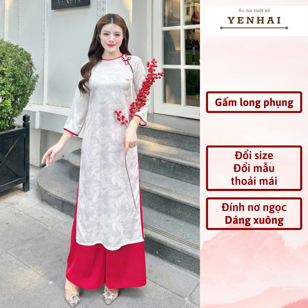 Áo dài cách tân long phụng thiết kế đính nơ ngọc mặc lễ tết đẹp
