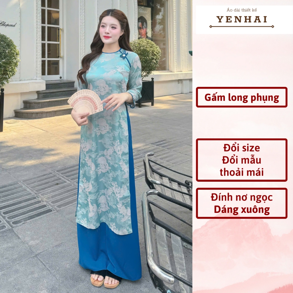 Áo dài cách tân long phụng thiết kế đính nơ ngọc mặc lễ tết đẹp