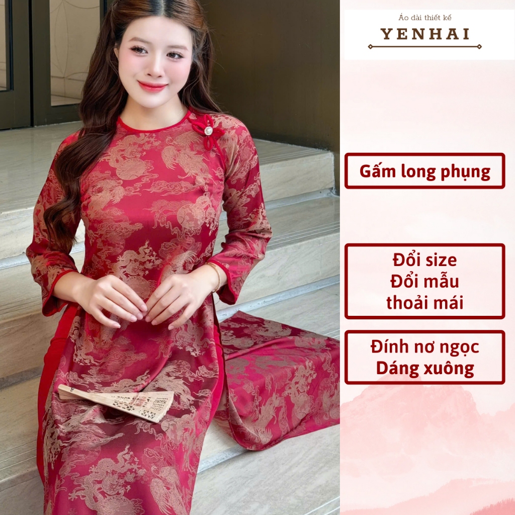 Áo dài cách tân long phụng thiết kế đính nơ ngọc mặc lễ tết đẹp
