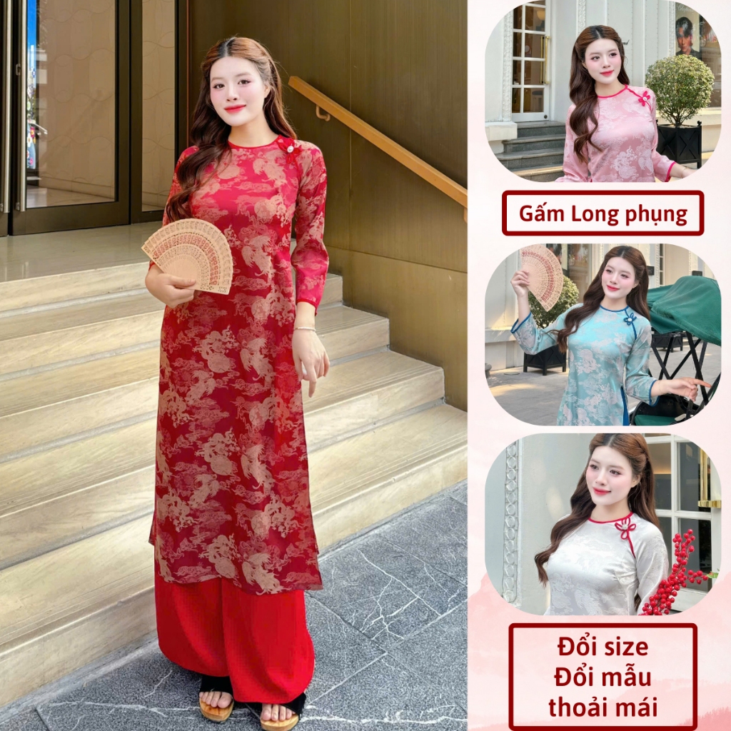Áo dài cách tân long phụng thiết kế đính nơ ngọc mặc lễ tết đẹp