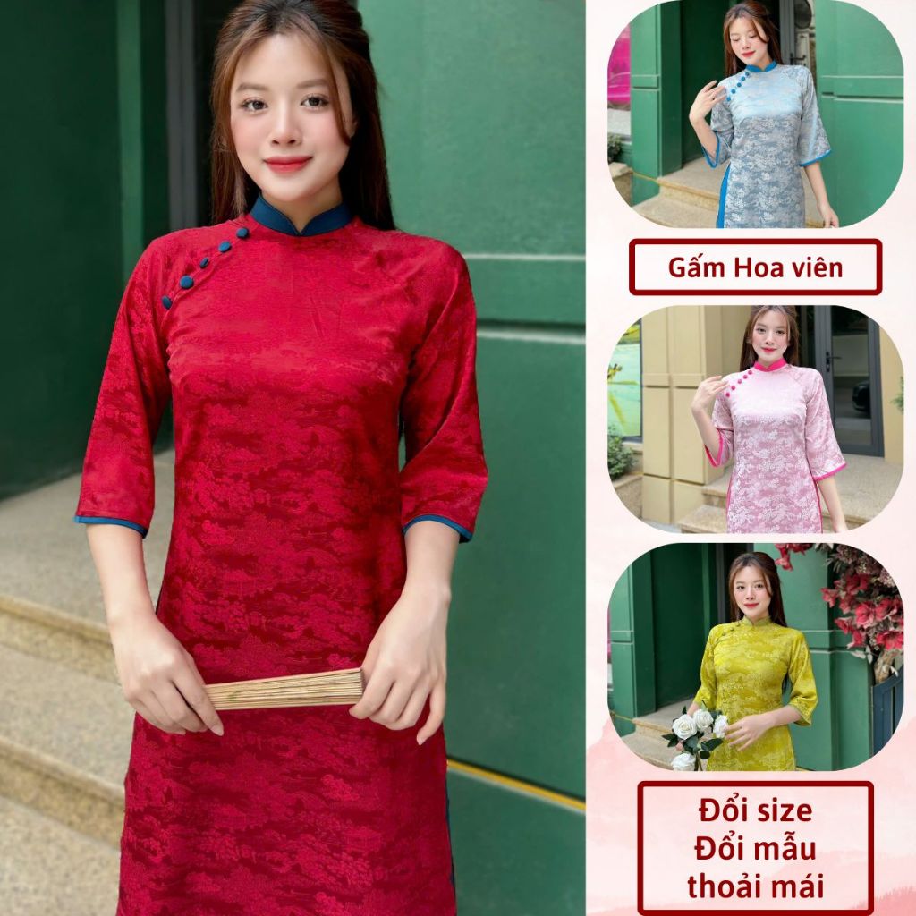 Áo dài cách tân hoa viên thiết kế cúc bọc mặc lễ tết đẹp