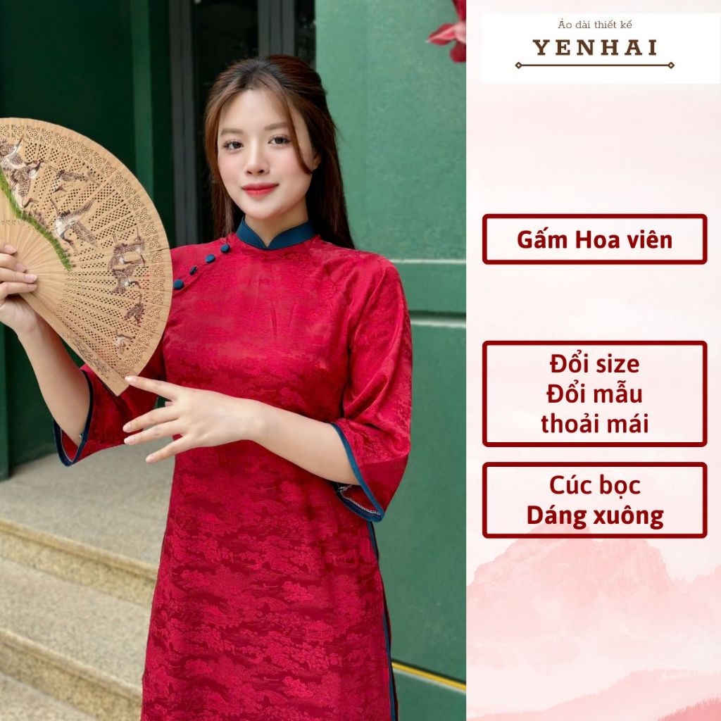 Áo dài cách tân hoa viên thiết kế cúc bọc mặc lễ tết đẹp