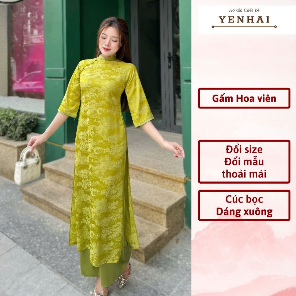 Áo dài cách tân hoa viên thiết kế cúc bọc mặc lễ tết đẹp