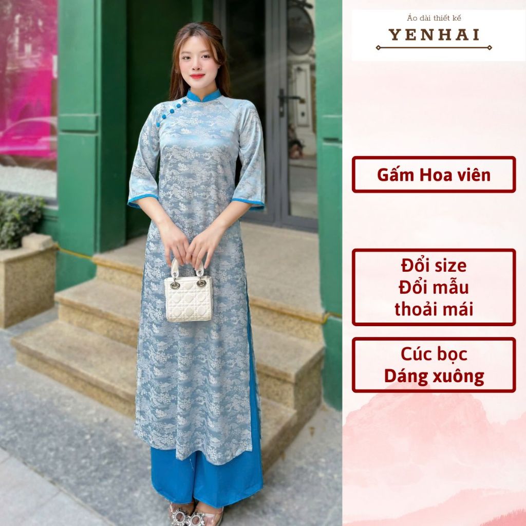 Áo dài cách tân hoa viên thiết kế cúc bọc mặc lễ tết đẹp