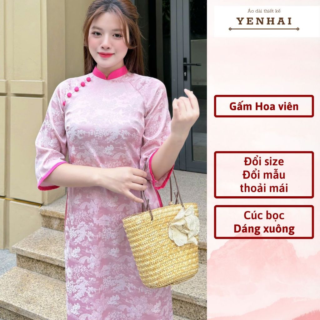 Áo dài cách tân hoa viên thiết kế cúc bọc mặc lễ tết đẹp