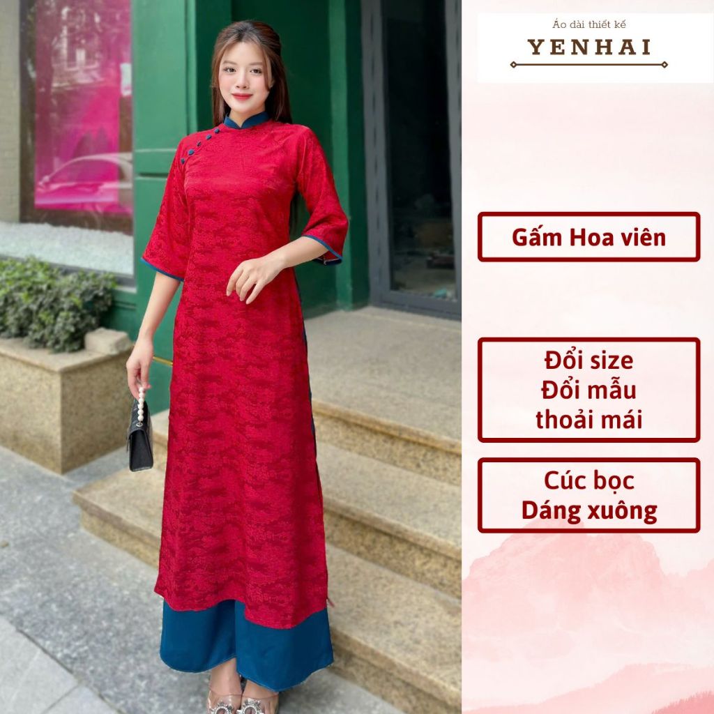 Áo dài cách tân hoa viên thiết kế cúc bọc mặc lễ tết đẹp