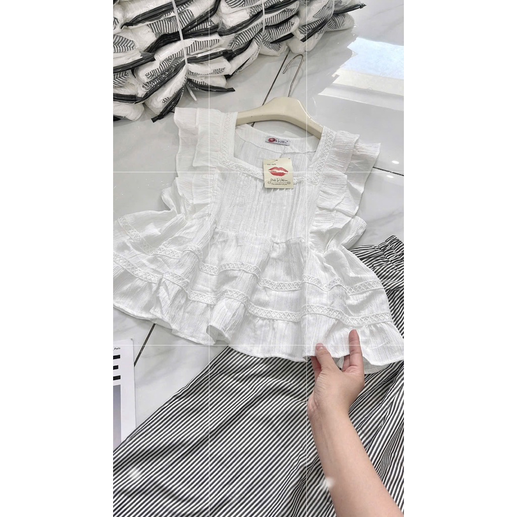 L956- sét bộ đũi, áo babydoll chất đũi mỏng tay cánh tiên mix quần suông viền (38-55kg)
