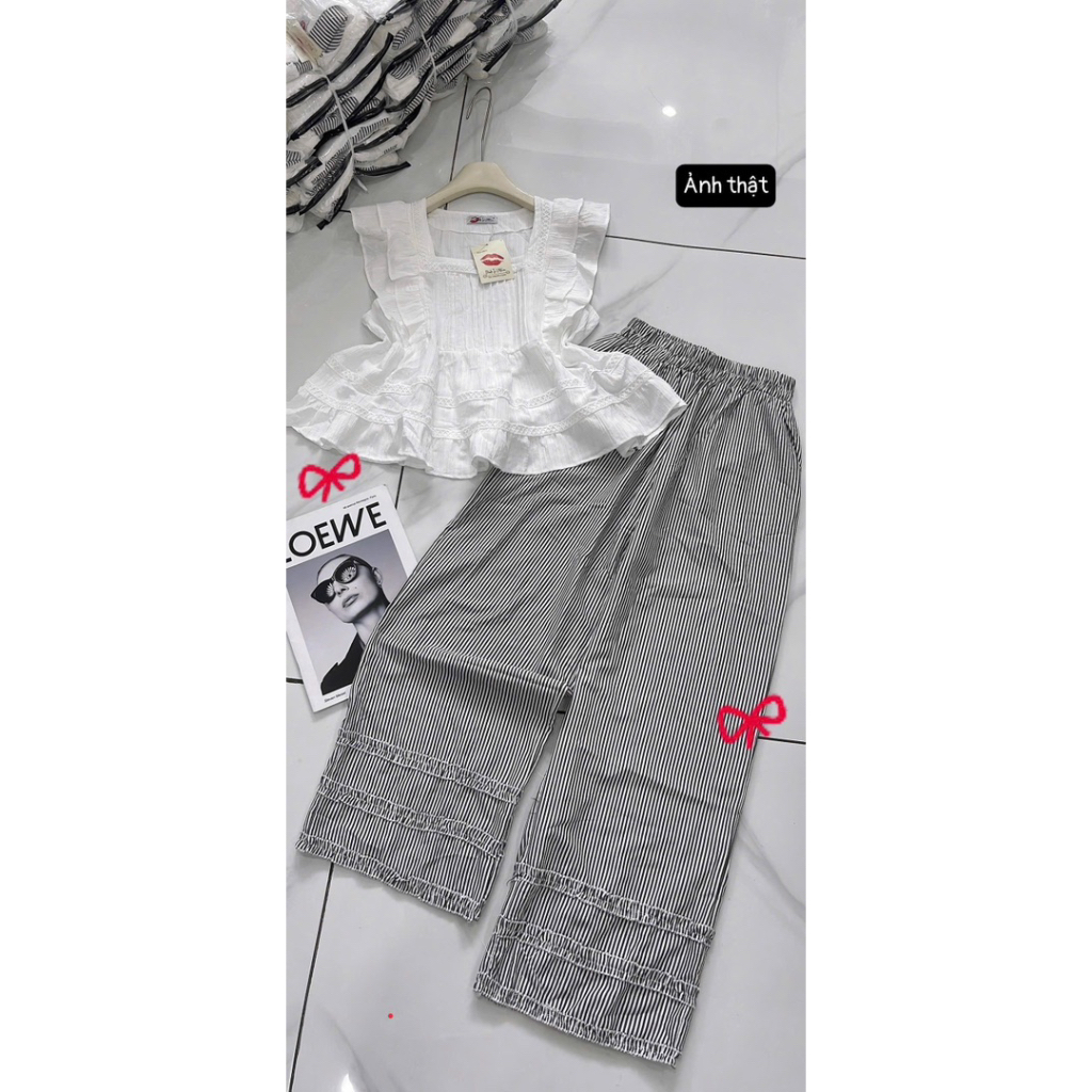 L956- sét bộ đũi, áo babydoll chất đũi mỏng tay cánh tiên mix quần suông viền (38-55kg)