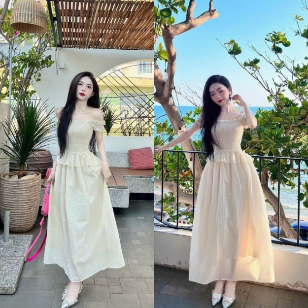 Set Váy Maxi, Đầm Trễ Vai Viền Bèo Dáng Dài Đi Biển, Du Lịch – Chất Tơ Nhăn Tiểu Thư, Dáng Dài Nhiều Tầng Tôn Dáng