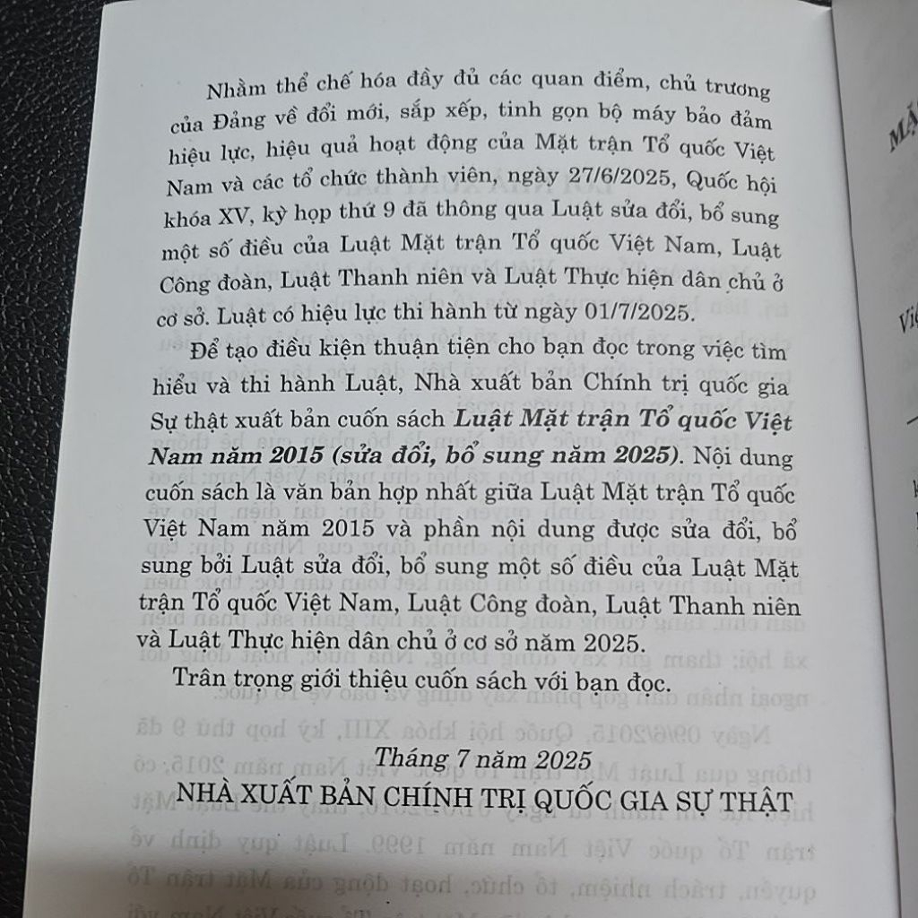 Sách - Luật Mặt trận Tổ quốc Việt Nam năm 2015 (sđ,bs năm 2025) (NXB Chính trị quốc gia Sự thật)