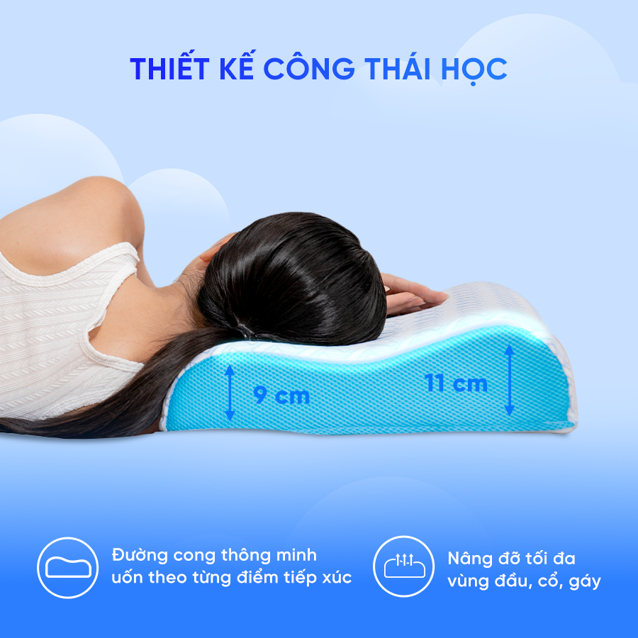 Gối công thái học, gối foam Comfy Nami 40x60cm lượn sóng nâng đỡ mềm mại, chuyên nâng đỡ cổ vai gáy