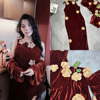 Váy nhung the sát nách/hai dây khâu hoa xoắn nhuỵ thủ công dáng dài