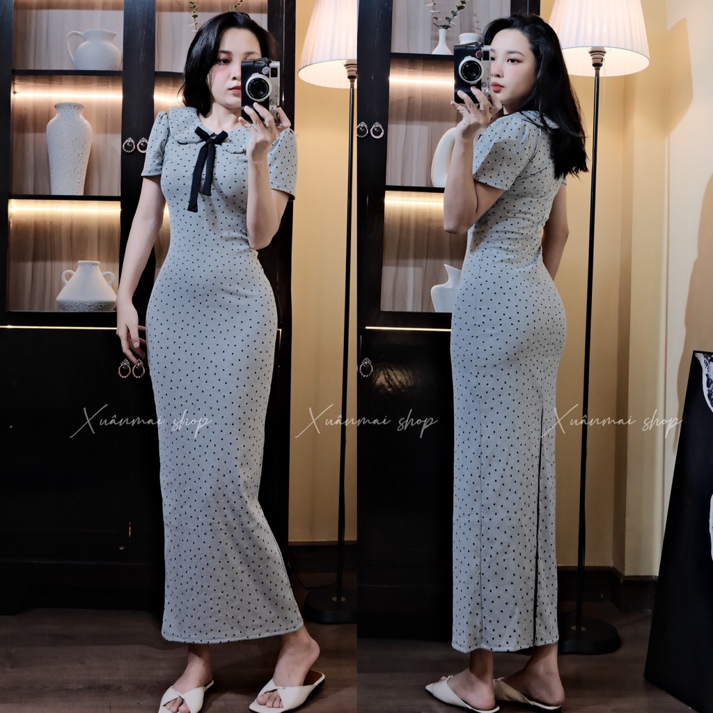 Xuanmaishop [Dài -Ngắn] Đầm TIỂU THƯ chấm bi tăm lạnh co giãn cổ sen nơ đen
