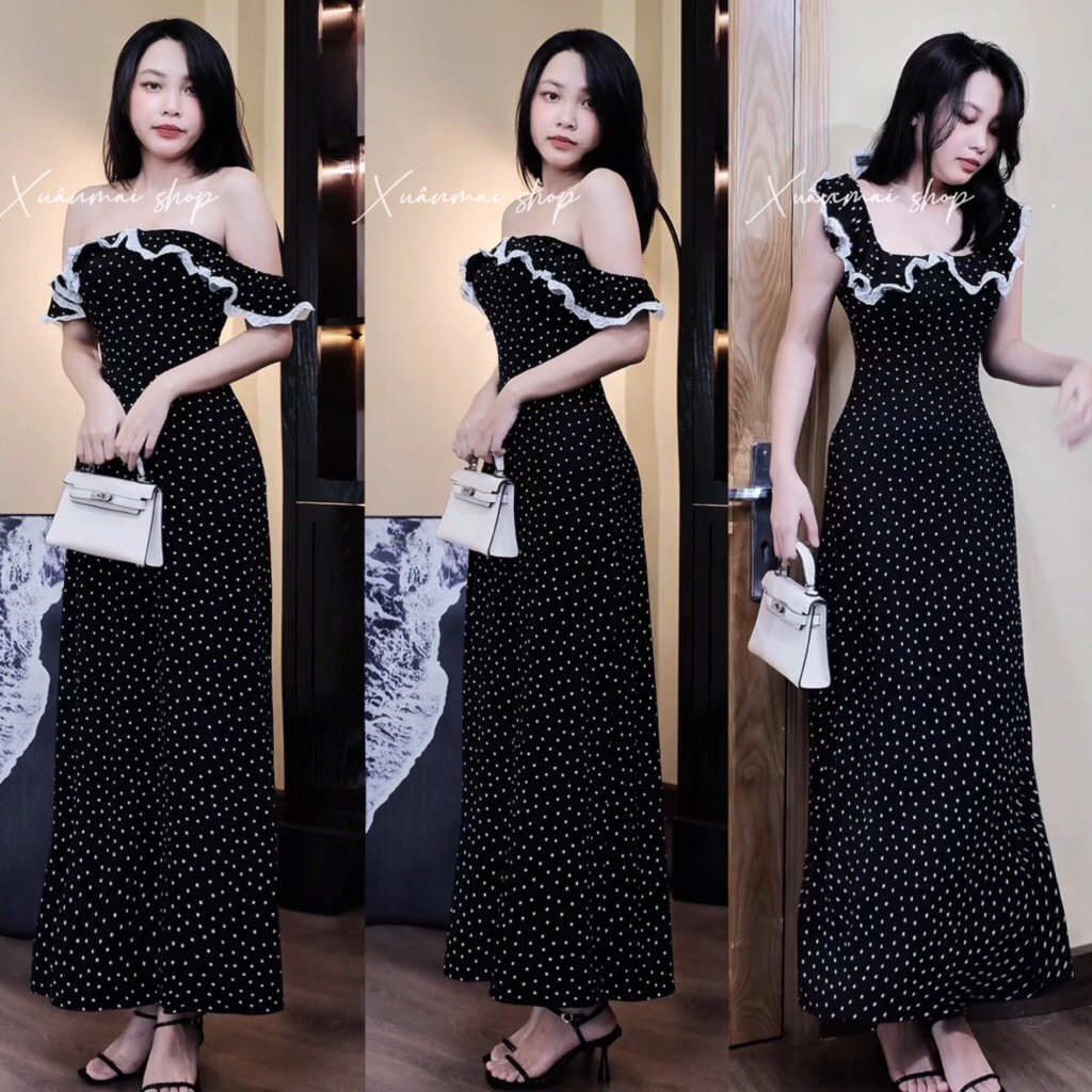 [Áo - Đầm] Đầm Trễ vai chấm bi dáng a dài thun tăm lạnh co giãn Xuân Mai Shop
