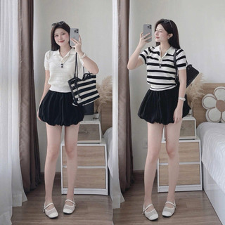 LT - Áo len nữ cổ bẻ kẻ sọc ngang len polo cổ đức, mongtoghi dày dặn cộc tay 1135