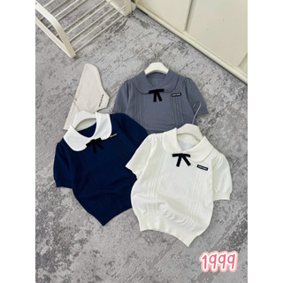 LT - Áo len nữ cổ bẻ cộc tay cổ nơ đính tag ngực free size, len dày hàng đẹp 1178L1