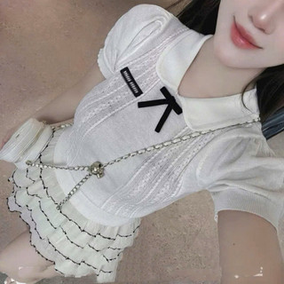 LT - Áo len nữ cổ bẻ cộc tay cổ nơ đính tag ngực free size, len dày hàng đẹp 1178L1