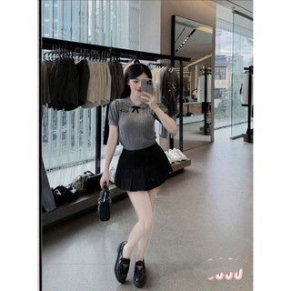 LT - Áo len nữ cổ bẻ cộc tay cổ nơ đính tag ngực free size, len dày hàng đẹp 1178L1