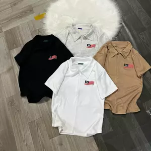 Áo thun babytee dáng ngắn Cổ bẻ khoá giọt lệ thêu cờ Aa dáng ôm vừa đuôi tôm mẫu mới MÙA HÈ 2025