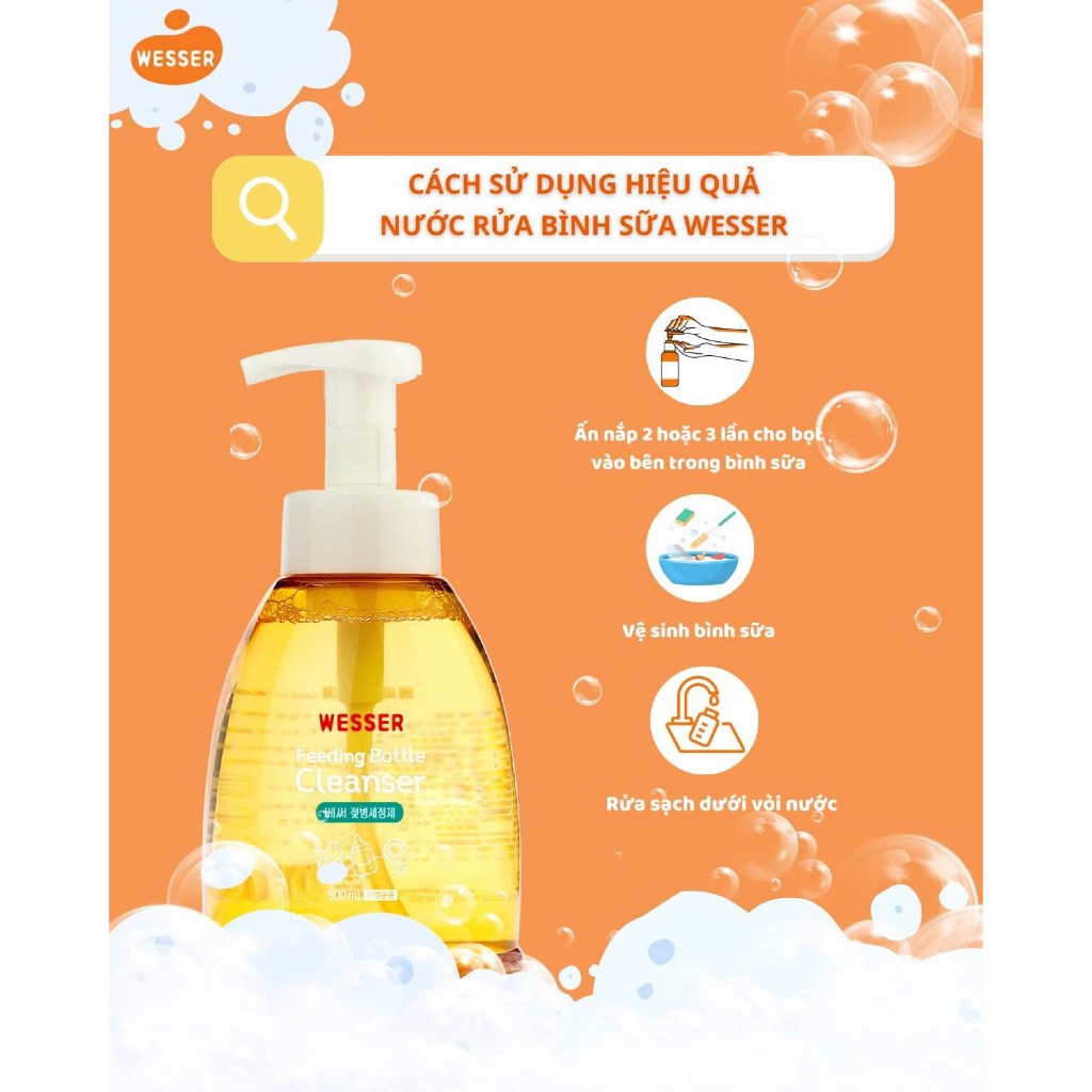 Nước rửa bình sữa, cọ bình sữa Wesser - Nước rửa trái cây và rau củ nội địa Hàn Quốc 500ml