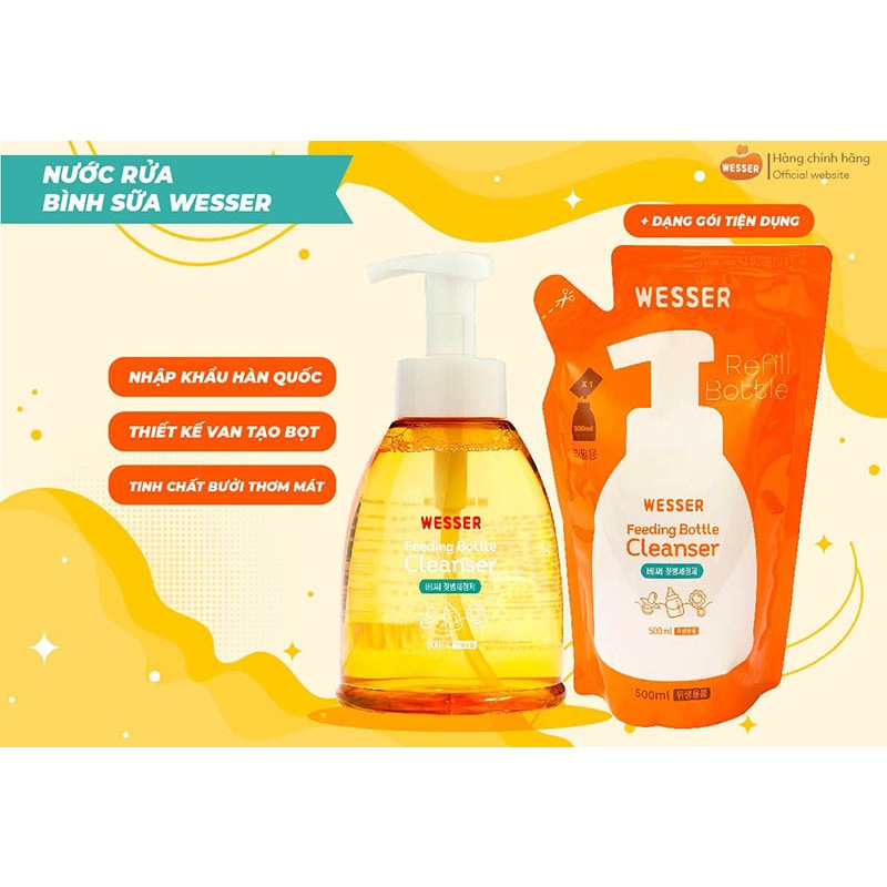 Nước rửa bình sữa, cọ bình sữa Wesser - Nước rửa trái cây và rau củ nội địa Hàn Quốc 500ml