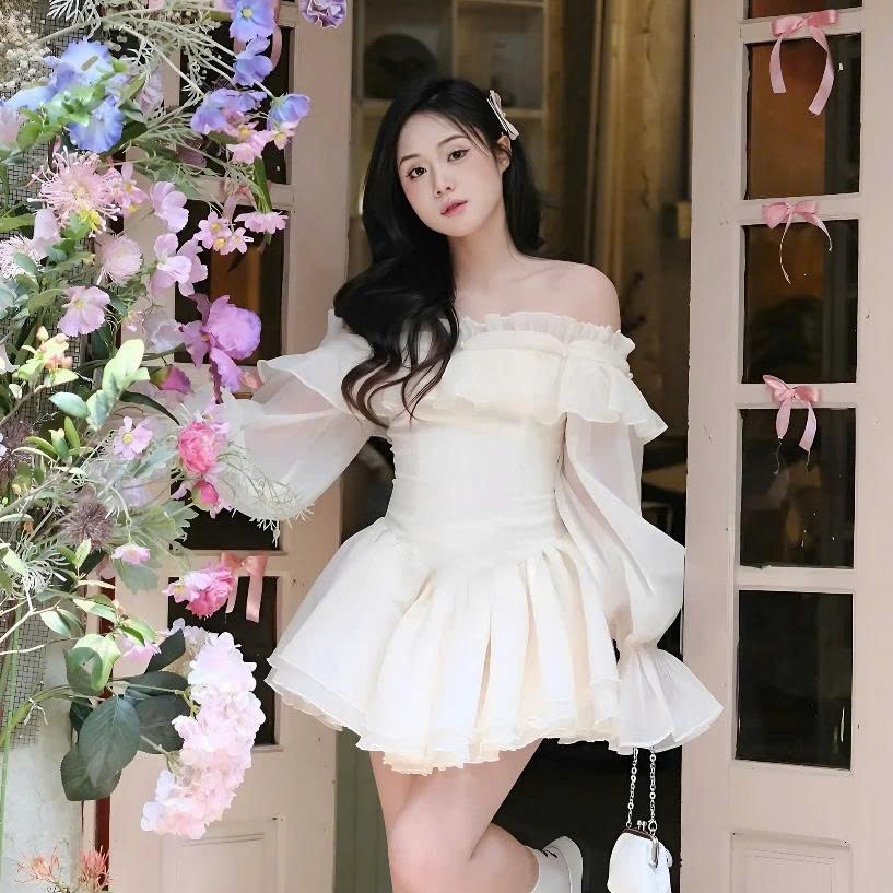 [TẶNG QUẦN/ SẴN] Đầm Váy Trễ Vai Dài Tay Bồng Xòe Đính Ngọc Tiểu Thư Công Chúa Siêu Xinh MS101