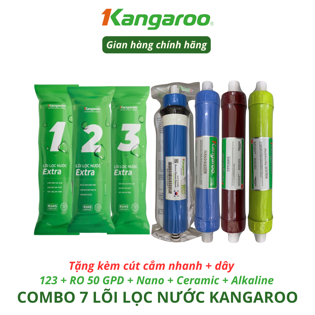 Combo 7 Lõi Lọc Nước Kangaroo Gồm Bộ Thô 123 Và Màng RO Nano Ceramic Alkaline Dùng Cho Máy Lọc Nước KG104A...