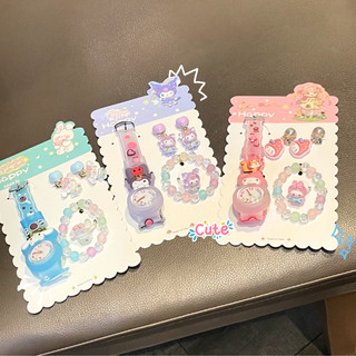 Set Phụ Kiện Trang Sức Đồng Hồ/ Vòng Tay/ Nhẫn/Hoa Tai Hoạt Hình Kuromi, Kitty, Thỏ Hồng Xinh Xắn Dễ Thương Cho Bé Gái