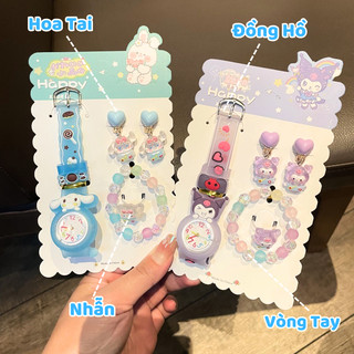 Set Phụ Kiện Trang Sức Đồng Hồ/ Vòng Tay/ Nhẫn/Hoa Tai Hoạt Hình Kuromi, Kitty, Thỏ Hồng Xinh Xắn Dễ Thương Cho Bé Gái