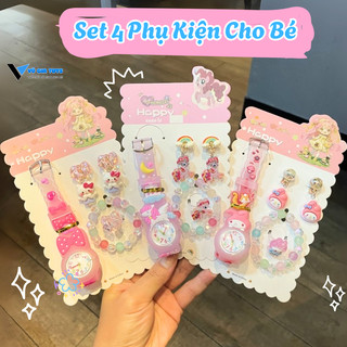 Set Phụ Kiện Trang Sức Đồng Hồ/ Vòng Tay/ Nhẫn/Hoa Tai Hoạt Hình Kuromi, Kitty, Thỏ Hồng Xinh Xắn Dễ Thương Cho Bé Gái