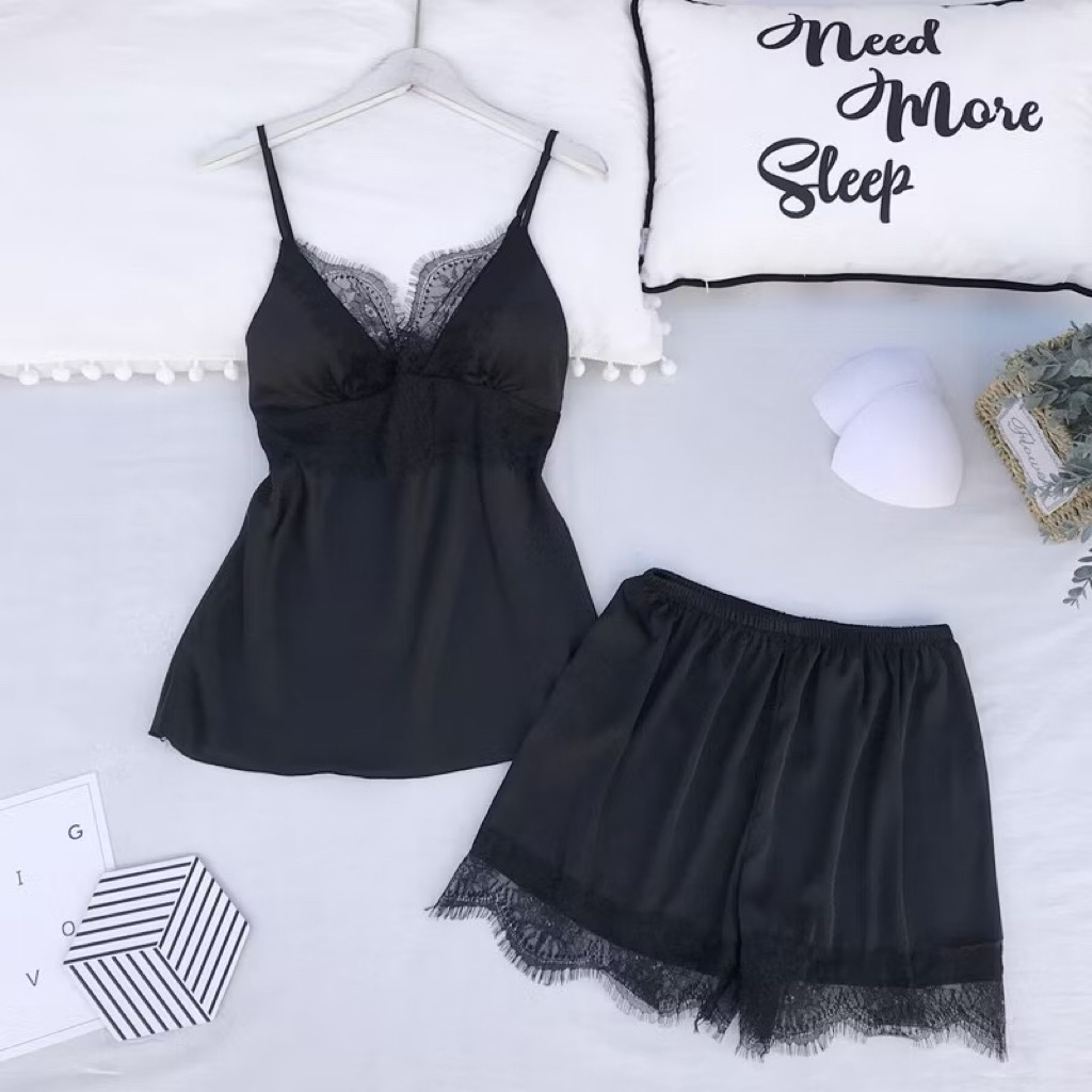 Bộ đồ ngủ lụa phối ren cao cấp mềm mại dây điều chỉnh kềm mút ngực