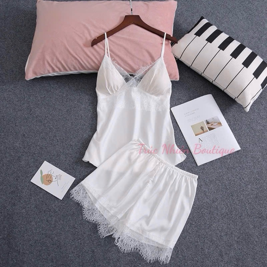 Bộ đồ ngủ lụa phối ren cao cấp mềm mại dây điều chỉnh kềm mút ngực