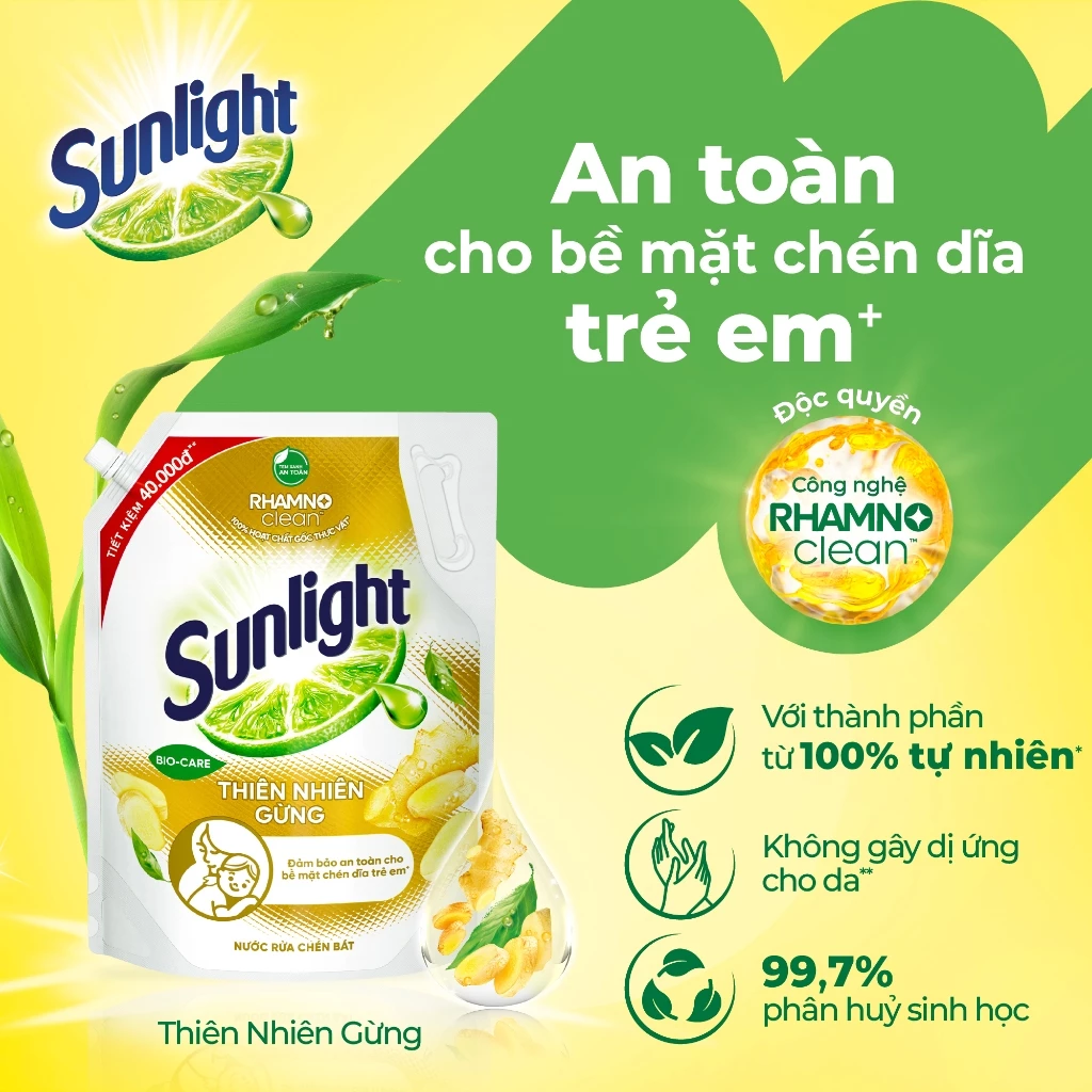 Combo 2 Nước rửa chén Sunlight Bio-care với thành phần từ 100% tự nhiên Túi 3.3kg ảnh 3