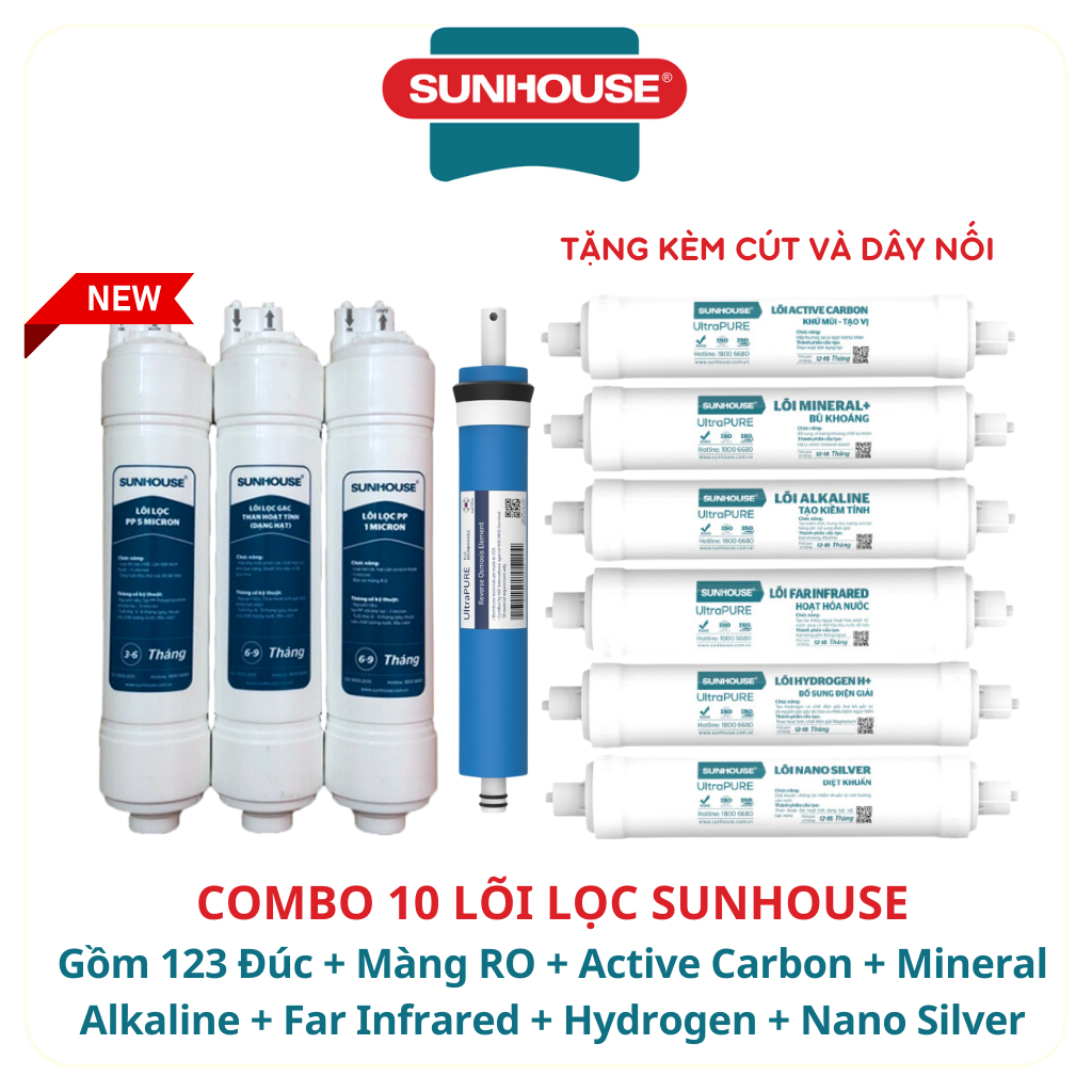 Combo 10 Lõi Lọc Nước Sunhouse Chính Hãng Sử Dụng Cho Máy Lọc Nước RO Model SHA76210KL...