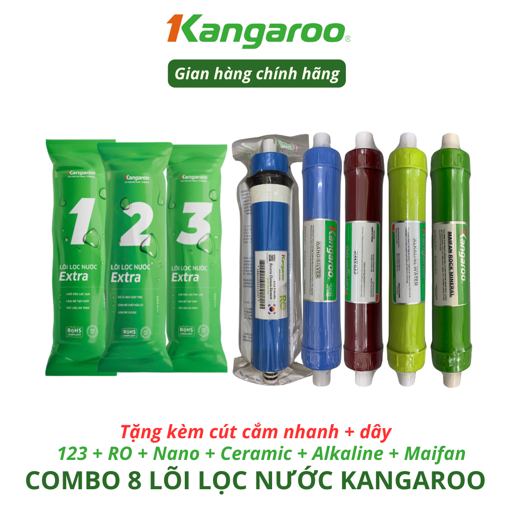 Combo 8 Lõi Lọc Nước Kangaroo gồm 123 RO50GPD Nano Ceramic Alkaline Maifan Model KG108AKV, KG108AVTU, KG06G4...