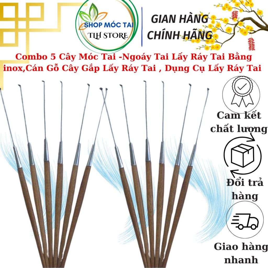 Combo 5 Cây Móc Tai -Ngoáy Tai Lấy Ráy Tai Bằng inox,Cán Gỗ Cây Gắp Lấy ...