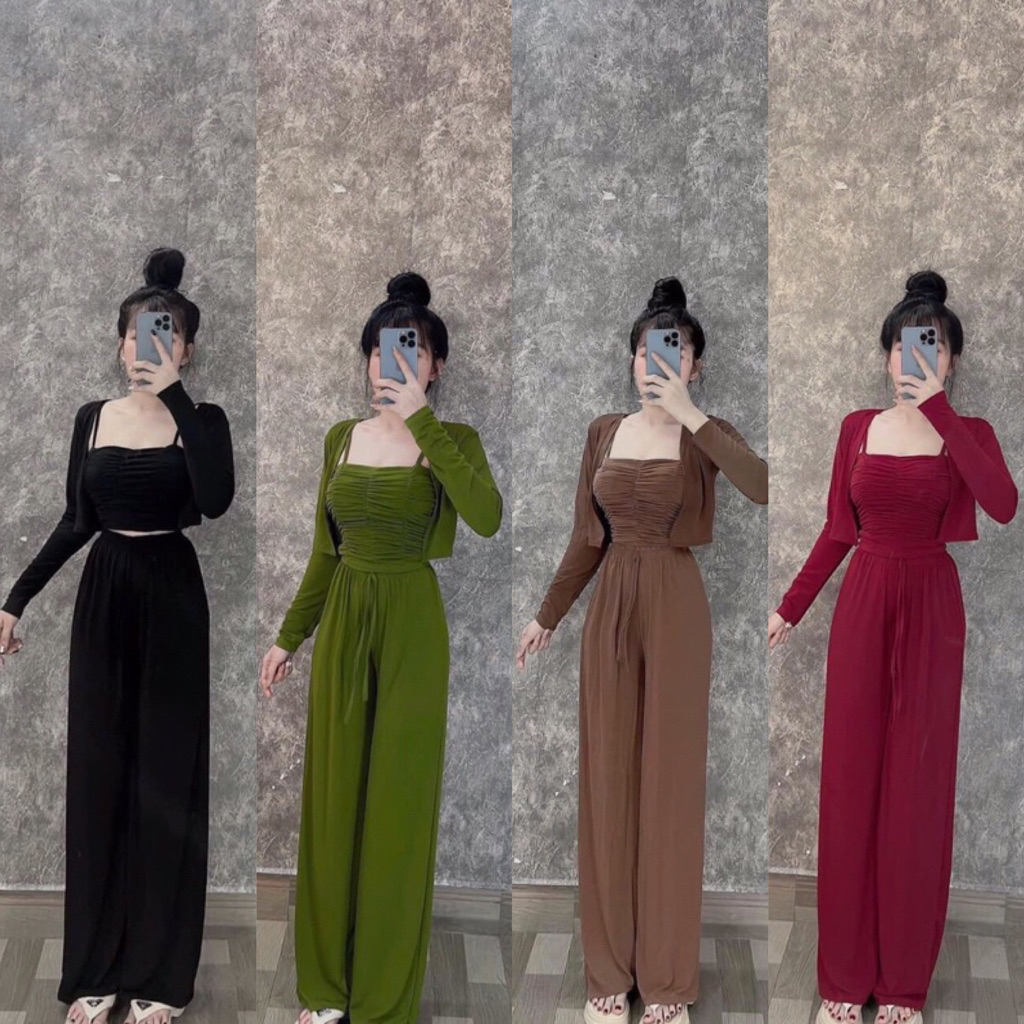 FF3- set bộ thun tăm, sét 3 món áo dây có mút ngực nhún sườn, quần suông dài có túi phối áo khoác ngoài